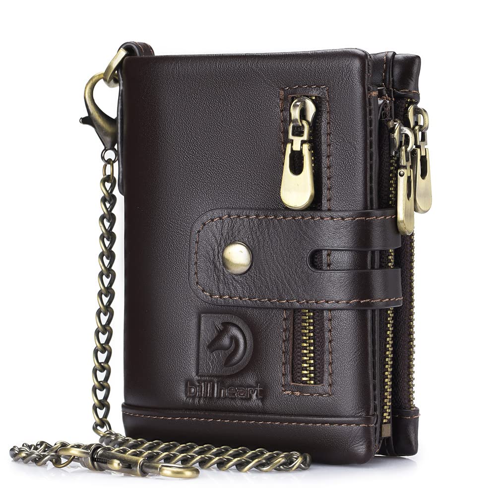 Mens Wallet with Chain Genuine Leather Purse RFID Blocking Bifold Double Zipper Coin Pocket with Anti-Theft Chain