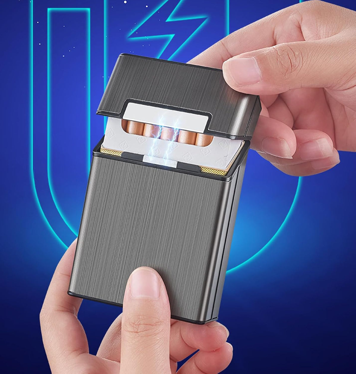 Cigarette Case Brushed Metal Cigarette Case with Magnetic Switch Flip Closure,20 Capacity (85mm, Gray + Blue,2 Pack,)