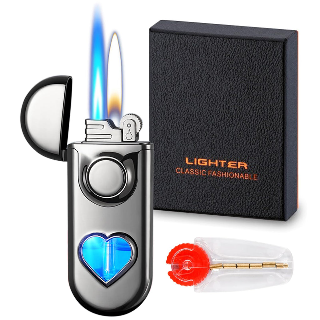 Torch Lighter, Dual Flame Lighter with 6pcs Flint Stone, Windproof Lighter With Visible Gas Window, Cool Adjustable Soft Flame and Jet Flame 2 in1,Refillable Butane Lighter for Outdoor Indoor-Gradient