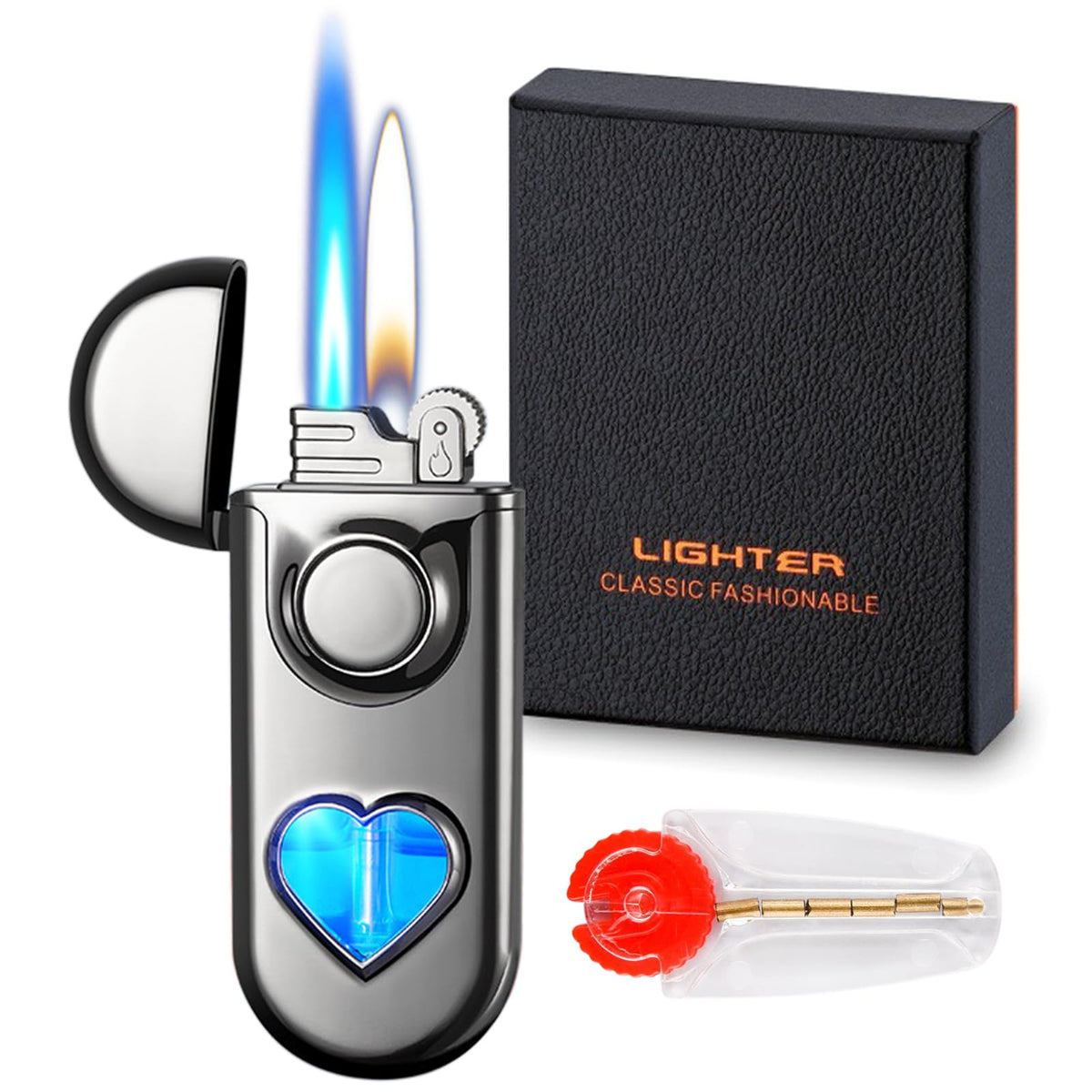 Torch Lighter, Dual Flame Lighter with 6pcs Flint Stone, Windproof Lighter With Visible Gas Window, Cool Adjustable Soft Flame and Jet Flame 2 in1,Refillable Butane Lighter for Outdoor Indoor-Gradient