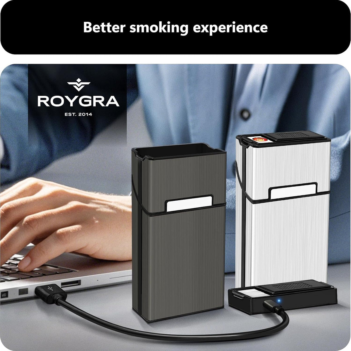 roygra Cigarette Case (2 Pack), Rechargeable Lighter and USB Charging Cable