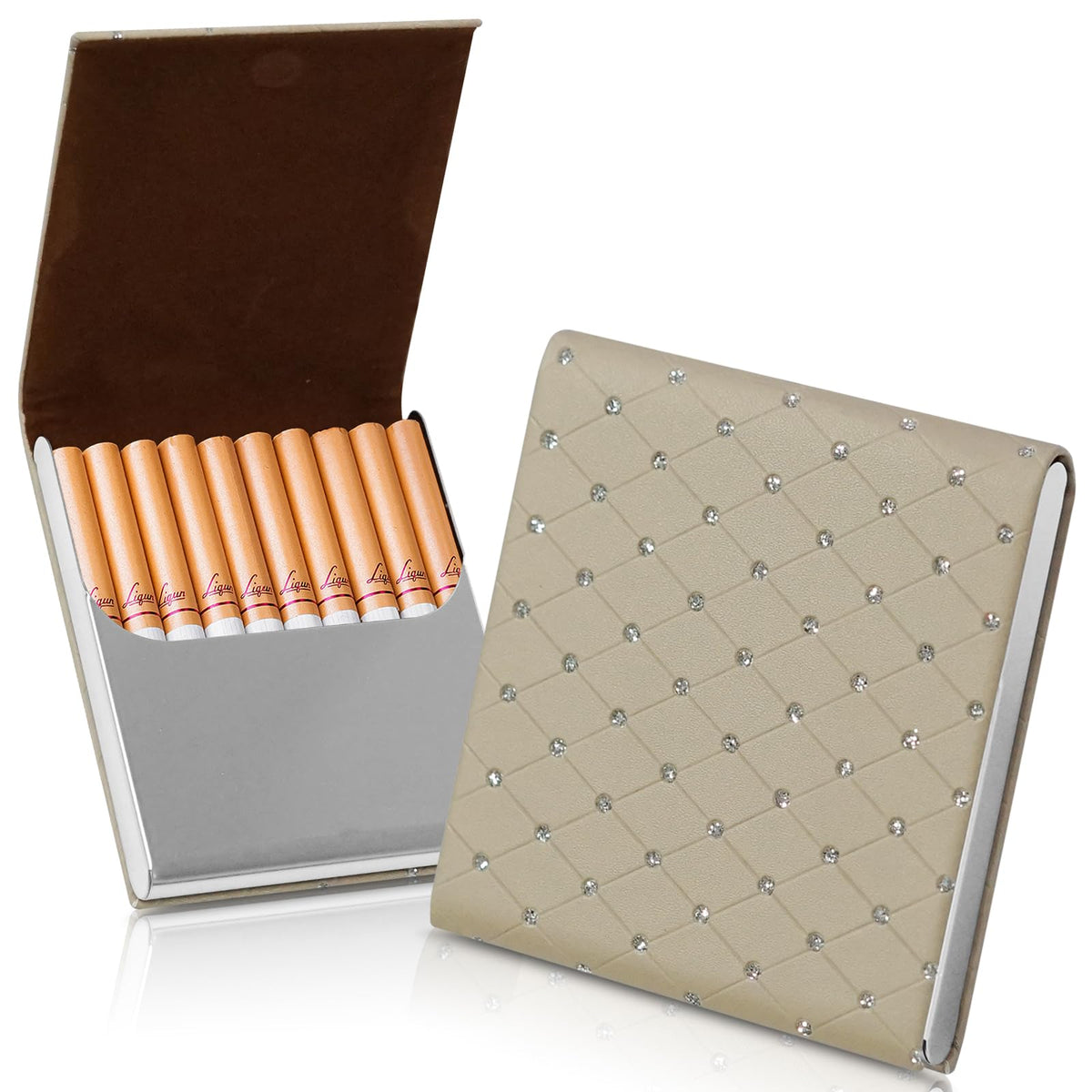 Portable Slim Leather Cigarette Case with Magnetic, Metal Cigarette Carrying Box for Hold 10 Regular Size Cigarettes, Ultra-Thin One-Hand Operate Cigarette Pocket for Men and Women -Navy Blue