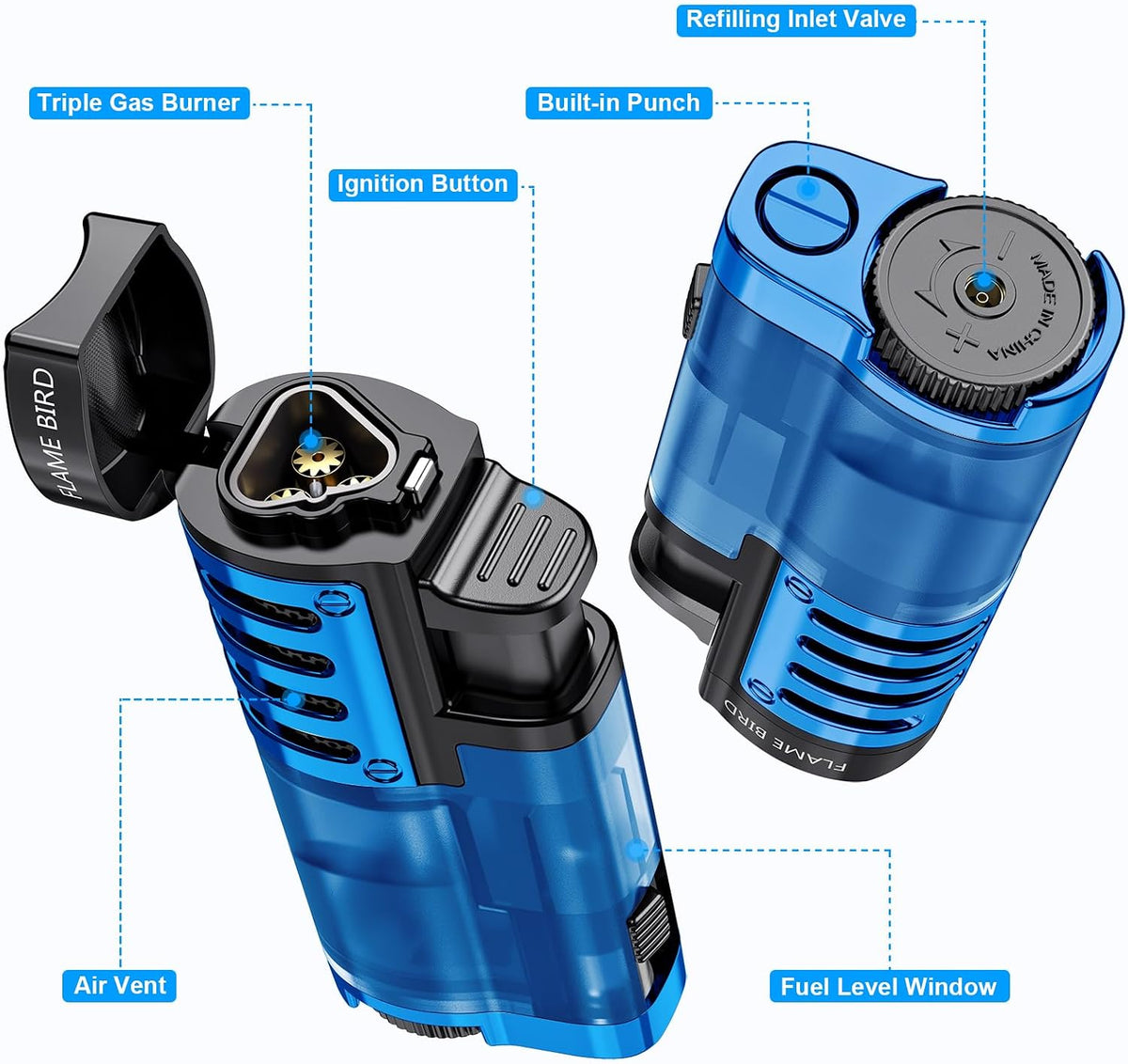 Torch Lighter Butane Refillable Triple Jet Flame Torch Lighters, Windproof Adjustable Flame Butane Torch Lighter with Punch 2 Pack (Without Fuel) (Blue)