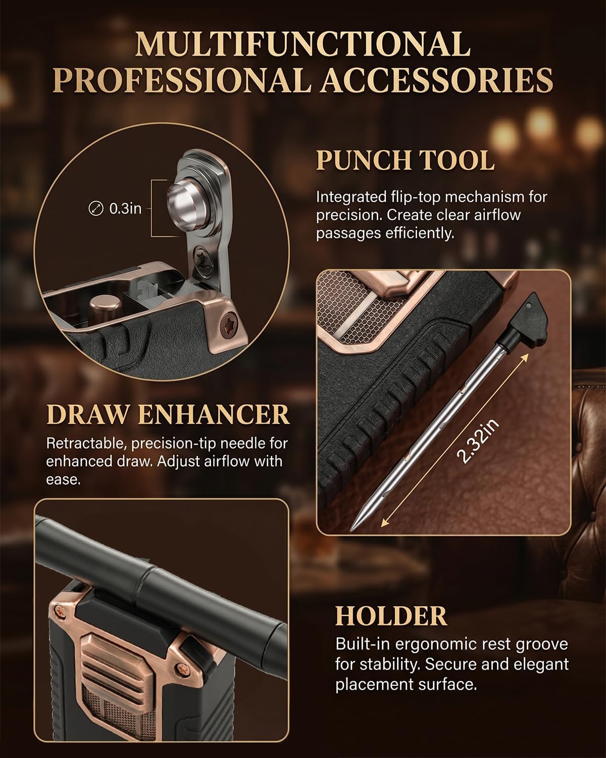 5-in-1 Butane Torch Lighter, with Built-in Punch, V Cutter, Draw Enhancer Needle & Holder, Visible Fuel Window, Windproof Triple Jet Flame Refillable Pocket Lighter for Travel Outdoor, Gifts for Men