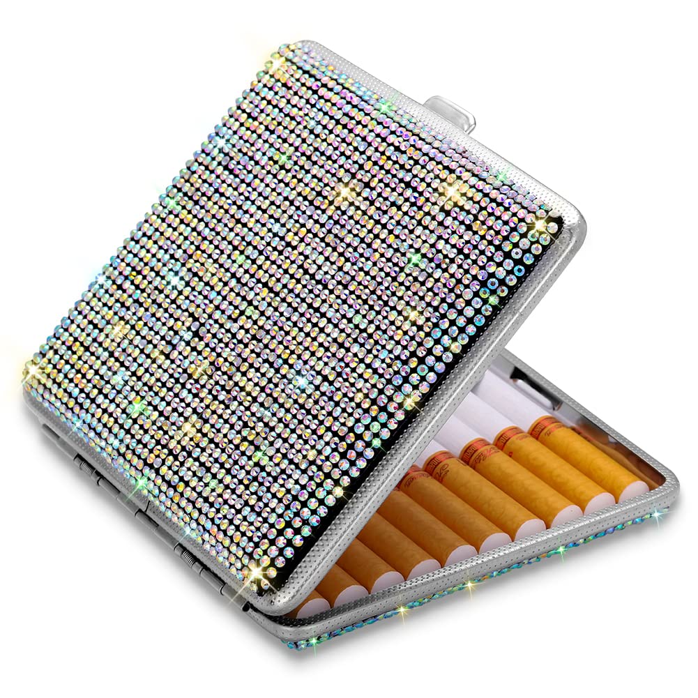 SAVORI Cigarette Case for Women Men, Metal Cigarette Holder Bling Crystal Double Sided Cigarette Box for 20 Cigarettes Gift for Smoker (AB)