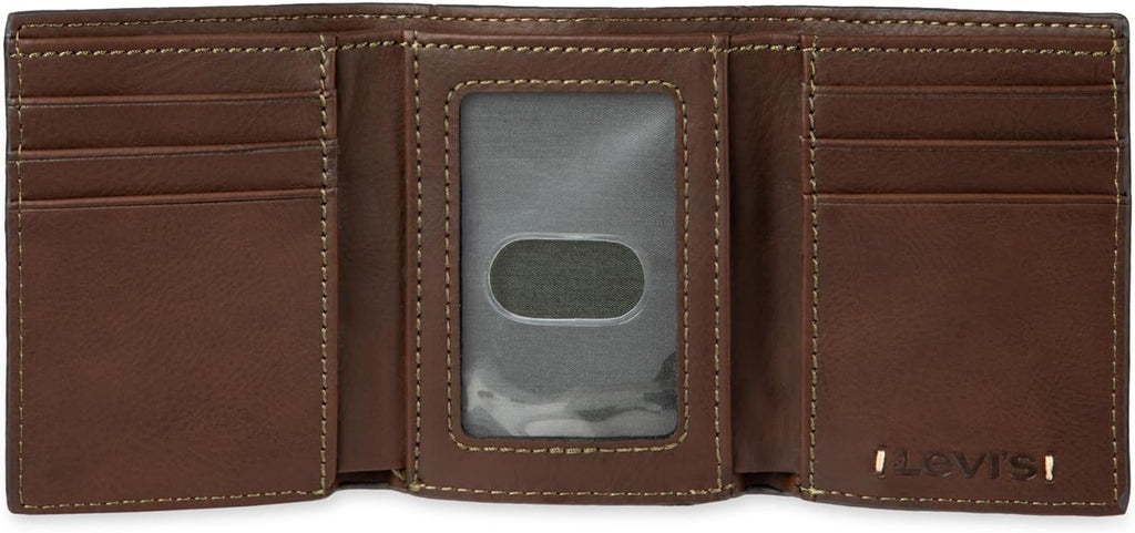Levi's Men's Trifold Wallet-Sleek and Slim Includes Id Window and Credit Card Holder, Brown Stitch, One Size