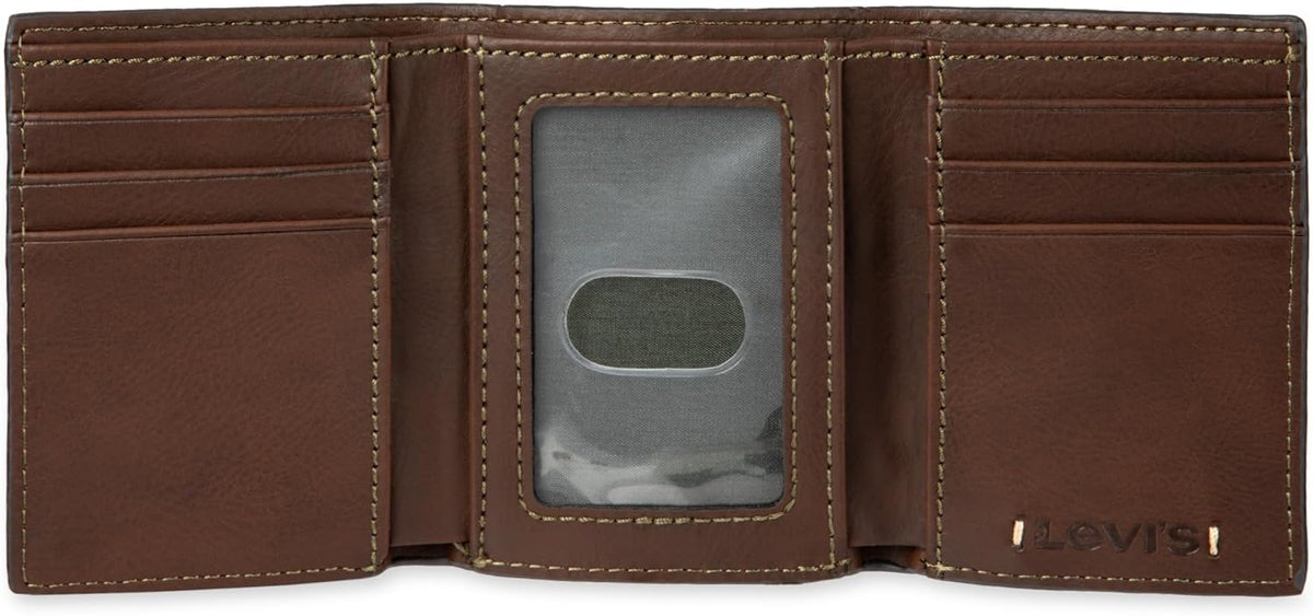 Levi's Men's Trifold Wallet-Sleek and Slim Includes Id Window and Credit Card Holder, Brown Stitch, One Size