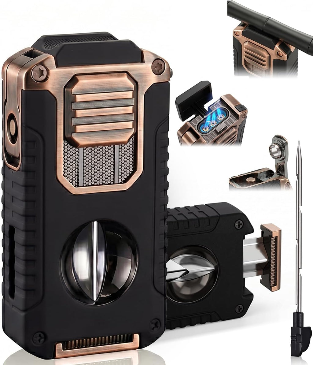 5-in-1 Butane Torch Lighter, with Built-in Punch, V Cutter, Draw Enhancer Needle & Holder, Visible Fuel Window, Windproof Triple Jet Flame Refillable Pocket Lighter for Travel Outdoor, Gifts for Men