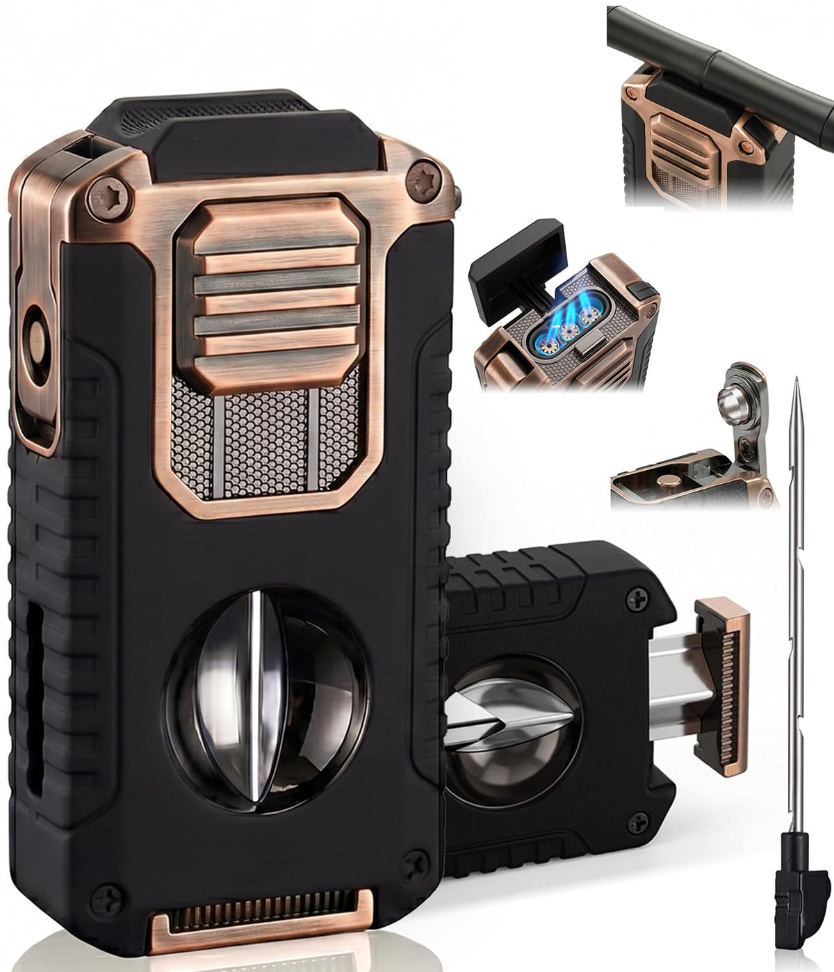 5-in-1 Butane Torch Lighter, with Built-in Punch, V Cutter, Draw Enhancer Needle & Holder, Visible Fuel Window, Windproof Triple Jet Flame Refillable Pocket Lighter for Travel Outdoor, Gifts for Men