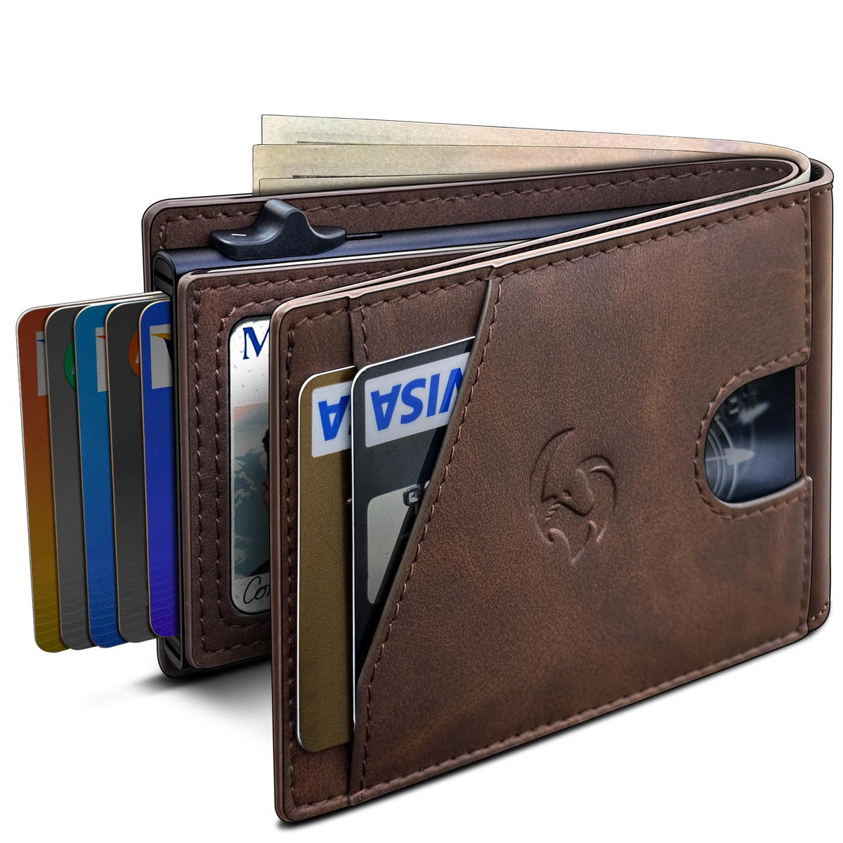 Wallet for Men, Slim Pop Up Card Holder with RFID Blocking, Minimalist Bifold Wallet with 9 Card Slots, ID Window and Cash Pocket, Metal Flip Case with Magnetic Closure, Gift Box