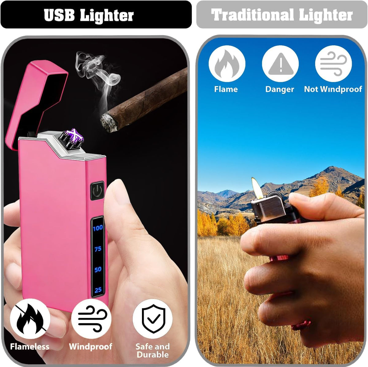 Electric Pink Lighter Dual Arc Plasma Lighter, Windproof Flameless Cool Electronic Lighters, Rechargeable USB with LED Battery Indication, Pocket Metal Lighters for Candles, Camping, Gifts for Unisex