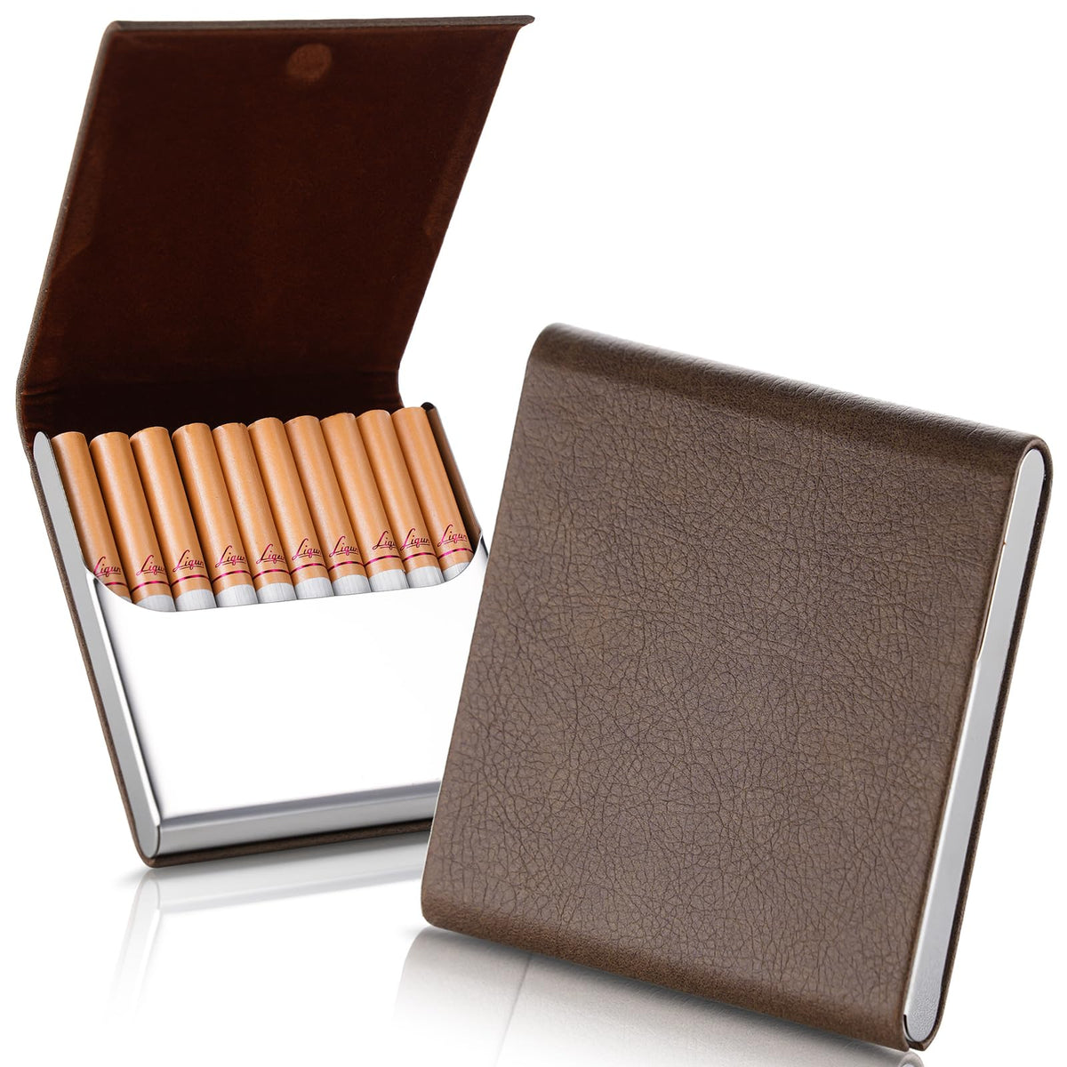 Portable Slim Leather Cigarette Case with Magnetic, Metal Cigarette Carrying Box for Hold 10 Regular Size Cigarettes, Ultra-Thin One-Hand Operate Cigarette Pocket for Men and Women -Navy Blue