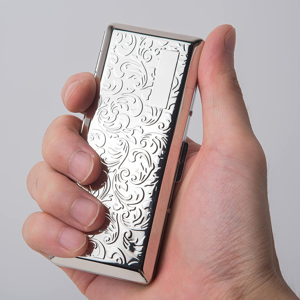 Metal Carry Cigarette Case, Double Sided Spring Clip,Holds 10 100mm Cigarettes (Vines Silver)