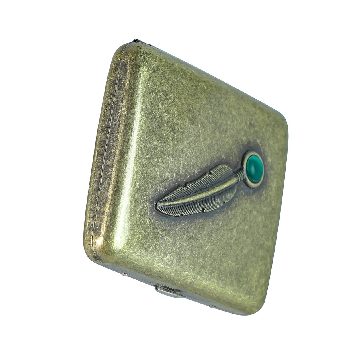 Vintage Metal Case - Retro Holder Case with Exquisite Carved Feather and Emerald Gemstone Embellishments - Minimalist Storage Case for Women Men, Holds 14 to 20, up to 84mm, Bronze, Feather