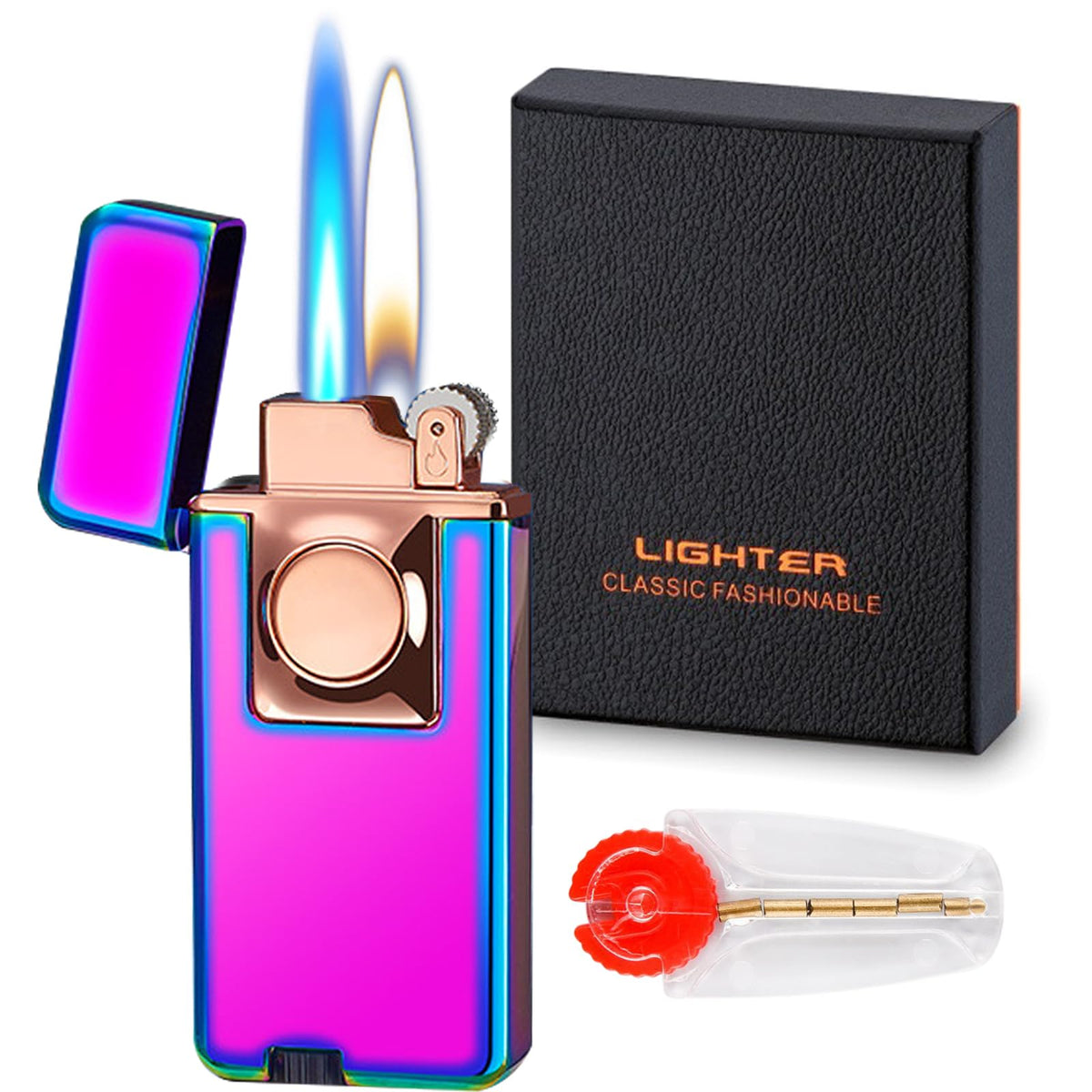 Torch Lighter, Dual Flame Lighter with 6pcs Flint Stone, Windproof Lighter With Visible Gas Window, Cool Adjustable Soft Flame and Jet Flame 2 in1,Refillable Butane Lighter for Outdoor Indoor-Gradient