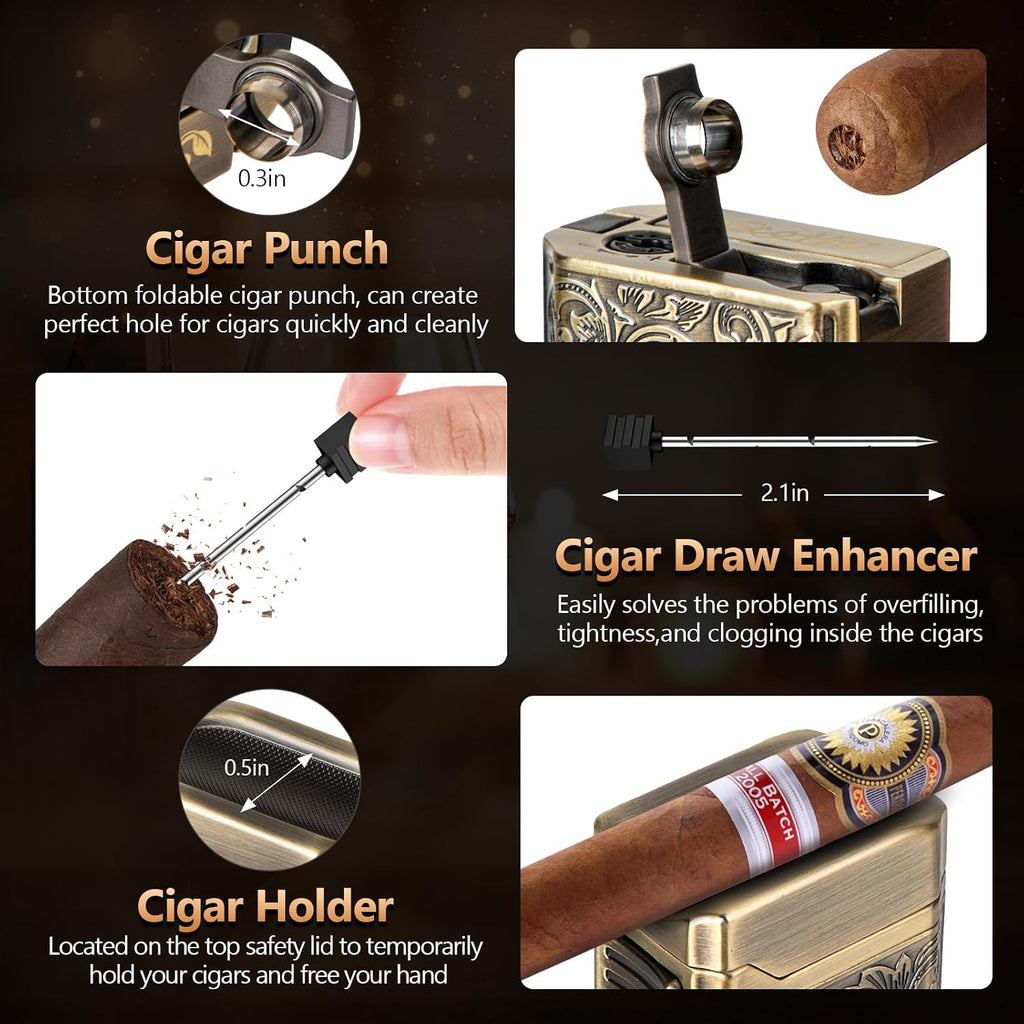 Cigar Lighter, 4 Jet Flame Torch Lighter, Refillable Butane Lighter with Cigar Cutter V Cut Cigar Punch Cigar Holder Cigar Draw Enhancer, Great Cigar Accessories Cool Lighters for Smoking in Gift Box