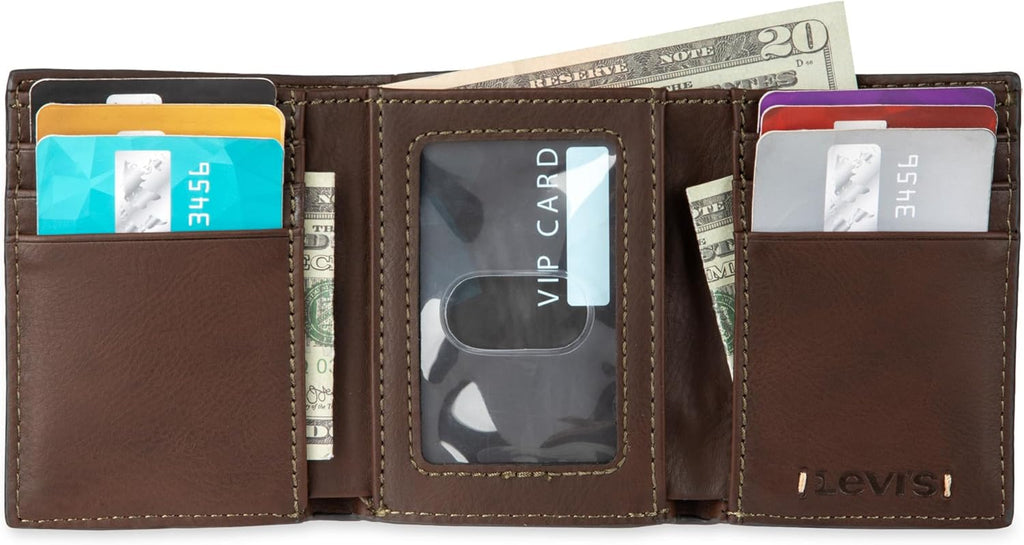 Levi's Men's Trifold Wallet-Sleek and Slim Includes Id Window and Credit Card Holder, Brown Stitch, One Size