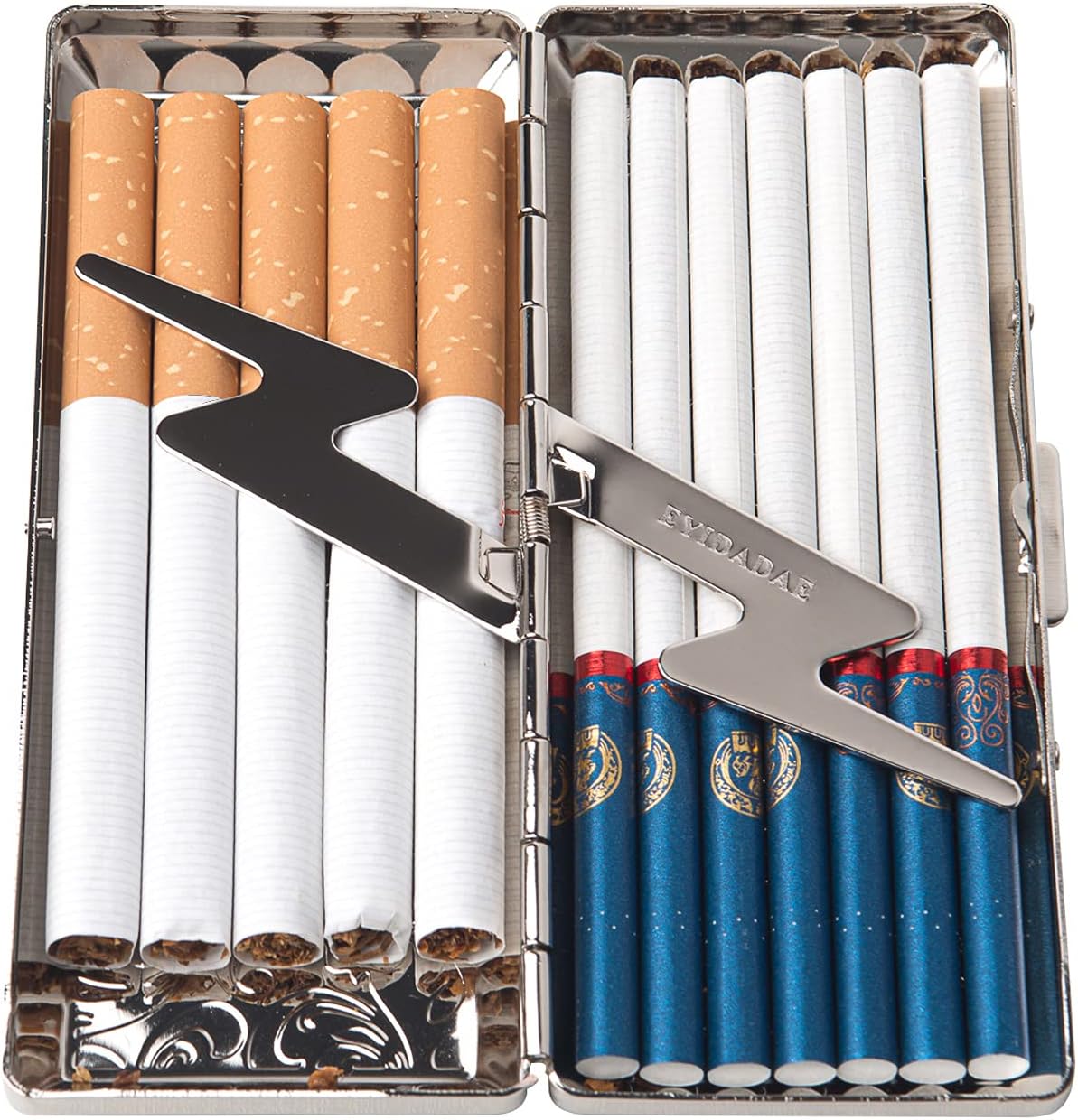 Metal Carry Cigarette Case, Double Sided Spring Clip,Holds 10 100mm Cigarettes (Vines Silver)
