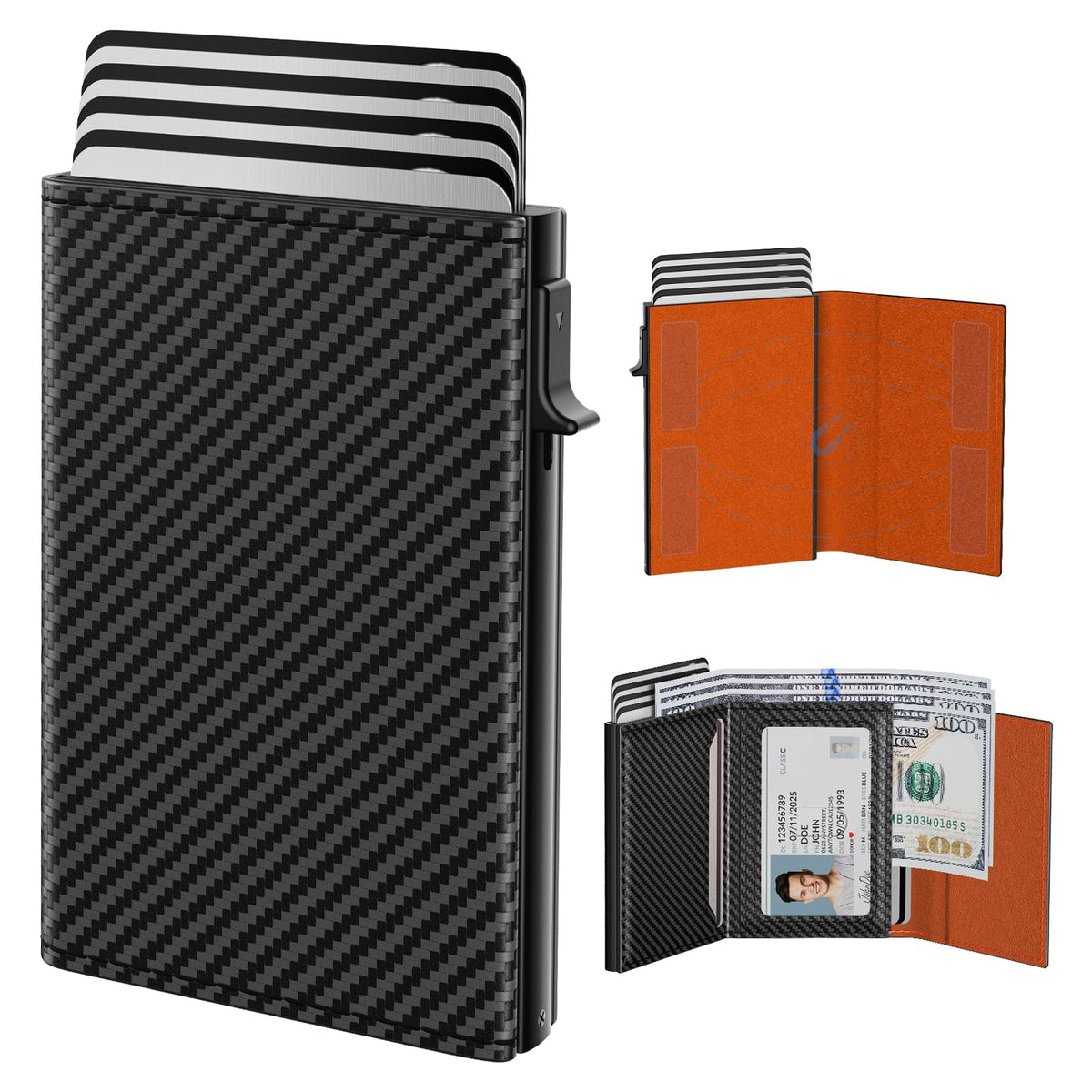 typecase Mens Wallet Card Holder: Pop Up Aluminum Case, Genuine Leather, Smart, RFID Blocking, Slim, Minimalist, Front Pocket - 9-14 Card Capacity | ID Window | Cash Slot (Carbon Fiber)