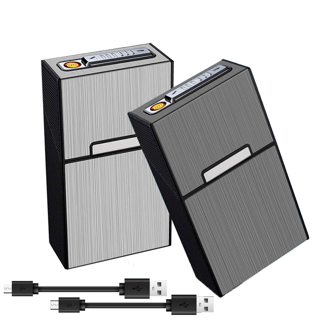 Cigarette Case for for 100mm 100’s King Size Hold 20 Regular Size Cigarettes with Tungsten Coil Lighter USB Rechargeable 2Pack (Gray+Silver, 100mm)