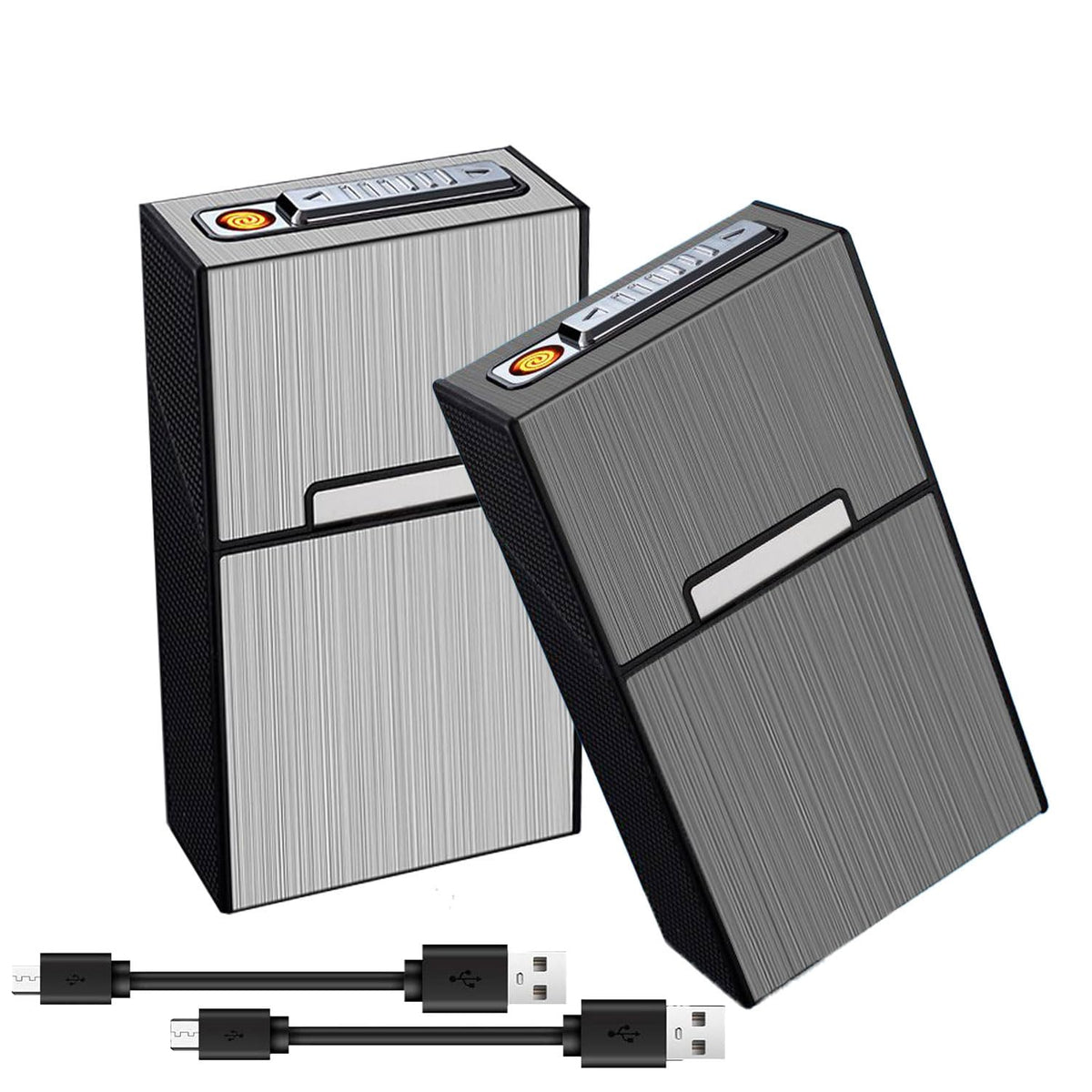 Cigarette Case for for 100mm 100’s King Size Hold 20 Regular Size Cigarettes with Tungsten Coil Lighter USB Rechargeable 2Pack (Gray+Silver, 100mm)