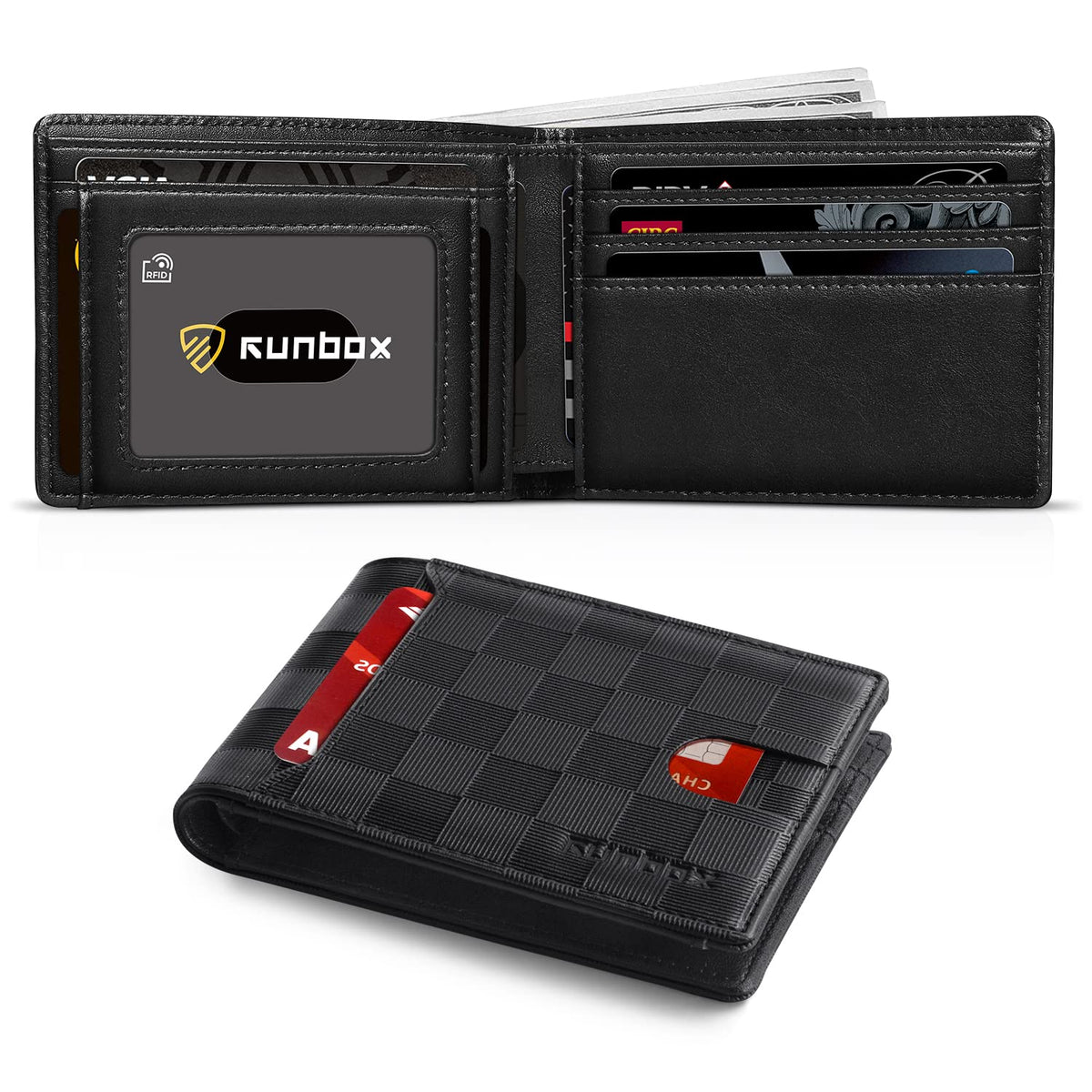 RUNBOX Wallet for Men, Slim Leather Bifold, RFID Blocking Card Holder