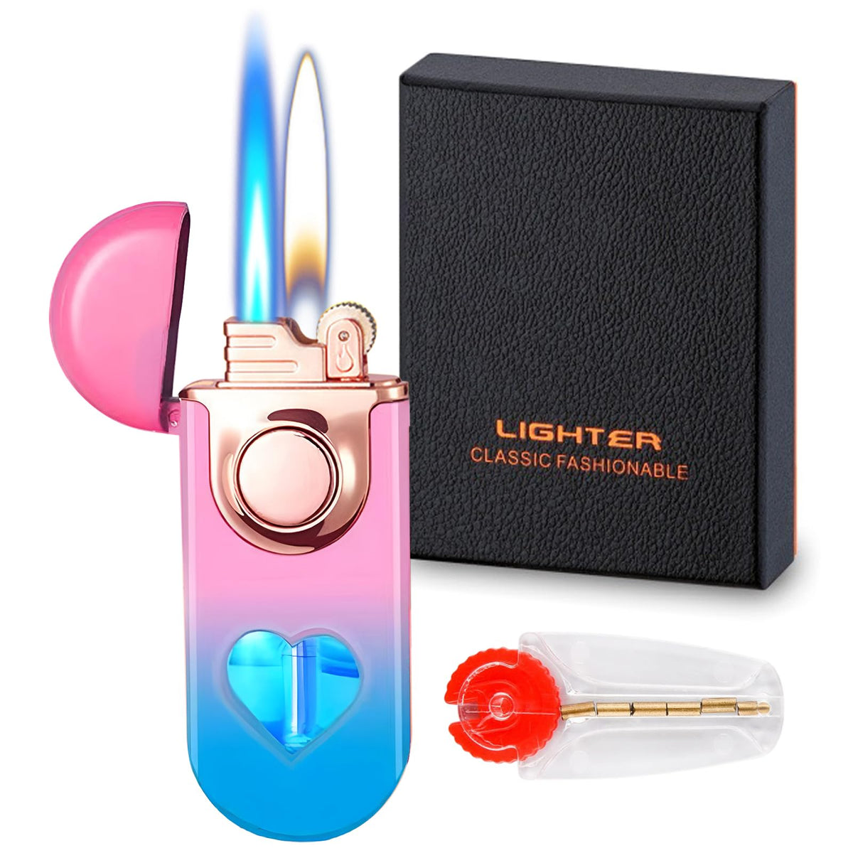 Torch Lighter, Dual Flame Lighter with 6pcs Flint Stone, Windproof Lighter With Visible Gas Window, Cool Adjustable Soft Flame and Jet Flame 2 in1,Refillable Butane Lighter for Outdoor Indoor-Gradient