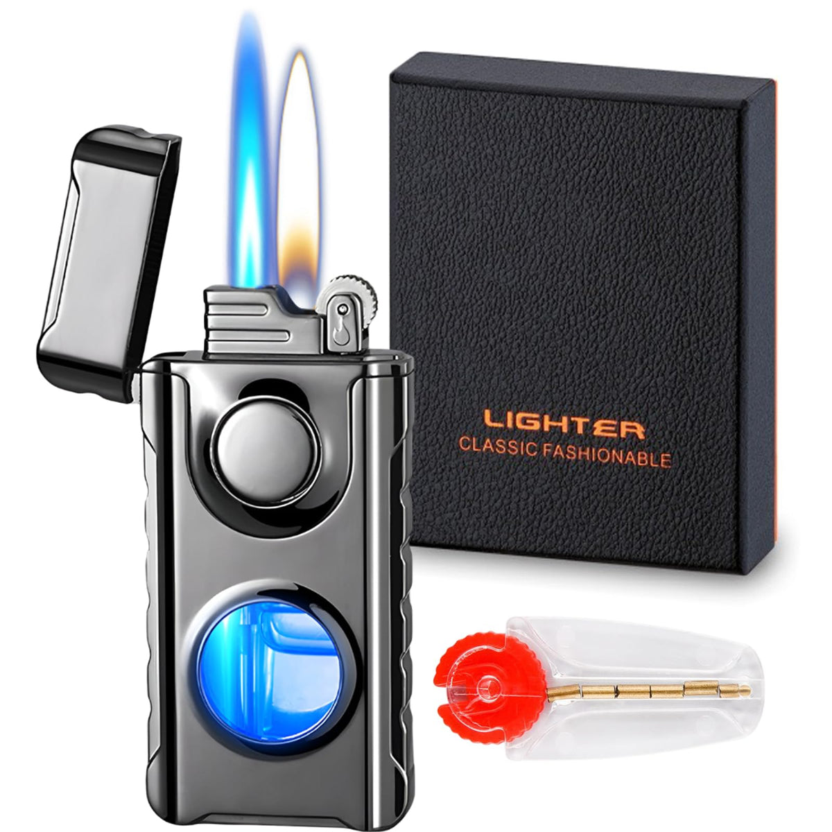 Torch Lighter, Dual Flame Lighter with 6pcs Flint Stone, Windproof Lighter With Visible Gas Window, Cool Adjustable Soft Flame and Jet Flame 2 in1,Refillable Butane Lighter for Outdoor Indoor-Gradient