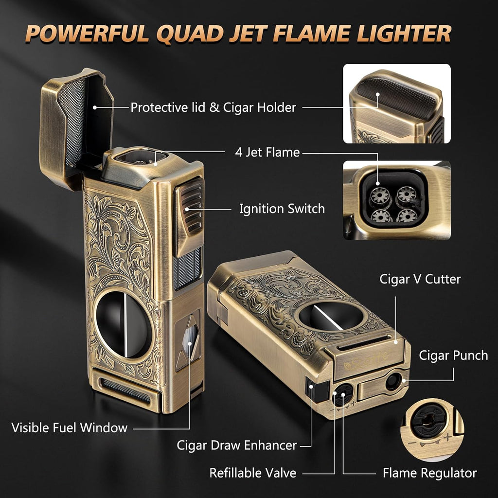 Cigar Lighter, 4 Jet Flame Torch Lighter, Refillable Butane Lighter with Cigar Cutter V Cut Cigar Punch Cigar Holder Cigar Draw Enhancer, Great Cigar Accessories Cool Lighters for Smoking in Gift Box