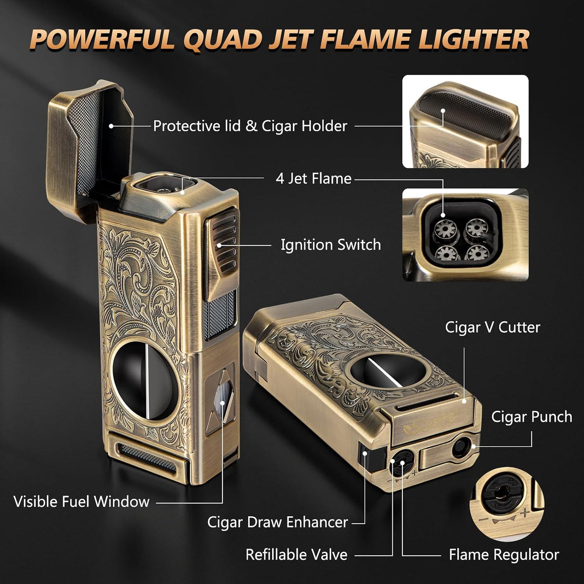 Cigar Lighter, 4 Jet Flame Torch Lighter, Refillable Butane Lighter with Cigar Cutter V Cut Cigar Punch Cigar Holder Cigar Draw Enhancer, Great Cigar Accessories Cool Lighters for Smoking in Gift Box