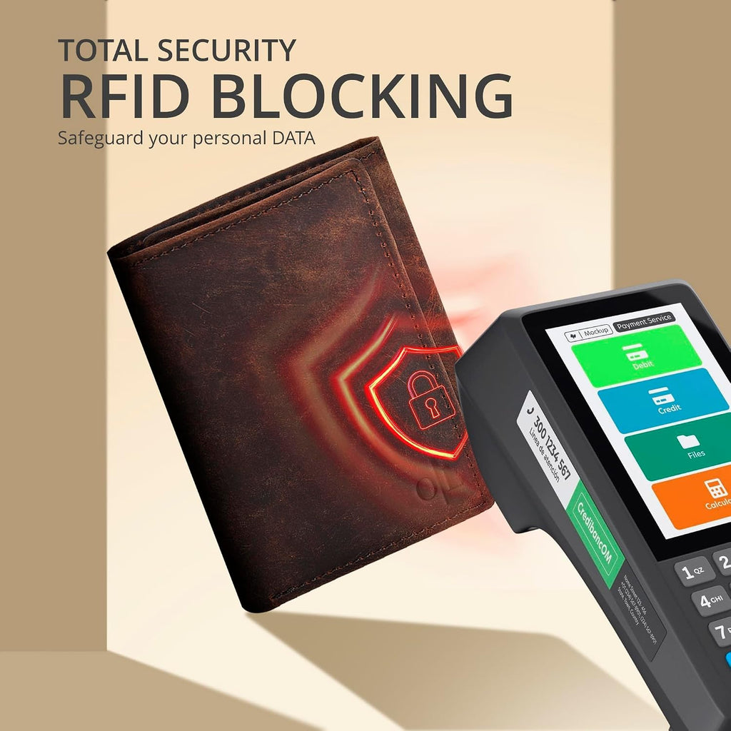 Real Leather Mens Trifold Wallet - RFID Slim Minimalist Front Pocket Gift