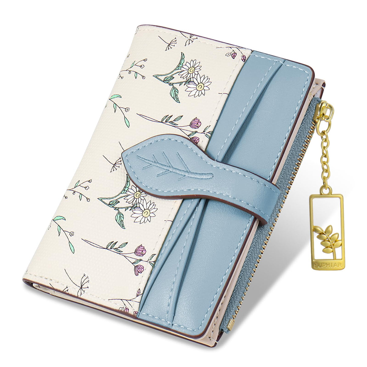Wallets for Women- RFID Blocking- Soft PU Leather Bifold Coin Zipper Pocket Purse-Small flower wallet Credit Card Holder with ID Window (Green)