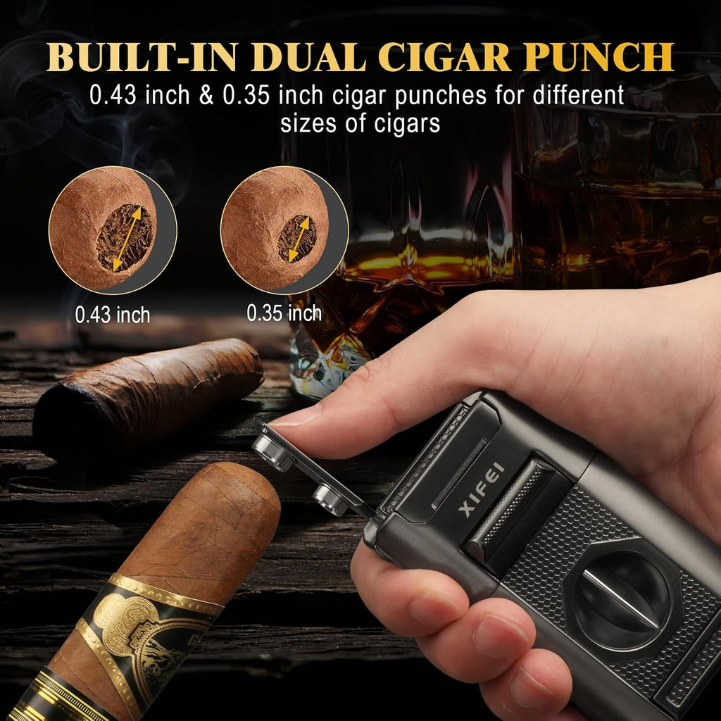 XIFEI 6-in-1 Cigar Lighter, Desktop Torch Lighter with Straight Cut V-Cut Cigar Cutter, Dual Cigar Punch, Cigar Draw Enhancer, Cigar Holder, 4 Jet Flame Refillable Butane Lighter Gift for Men (Gray)