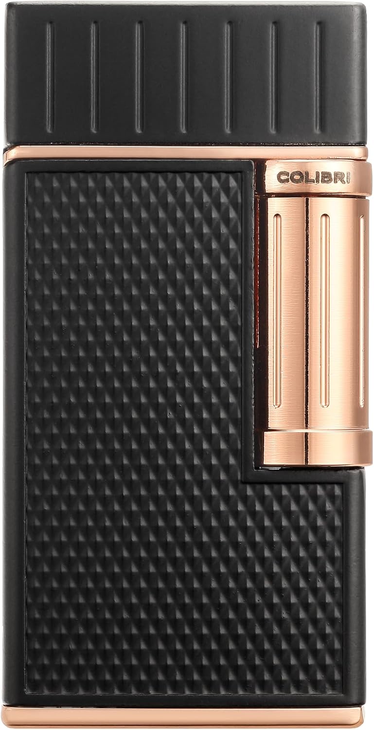 Colibri Julius Double Flame Butane Flint Cigar Lighter with Diamond-Pattern Case, Windproof & Refillable, Cigar Enthusiast's Choice with Blue Fuel Window and Adjustable Flame (Black, Rose Gold)