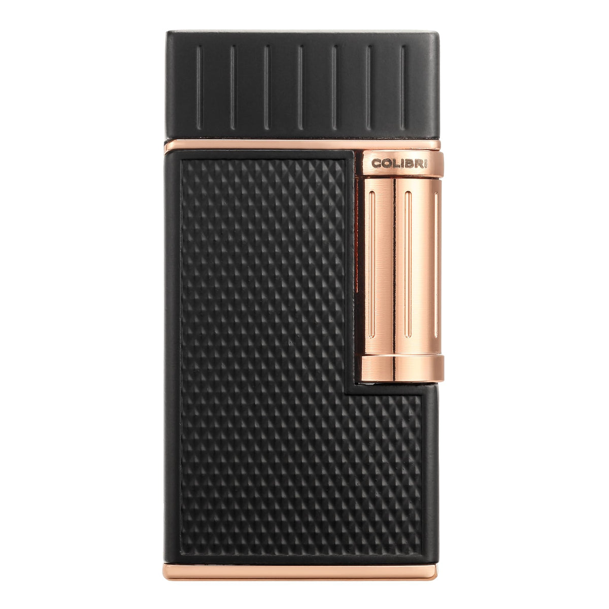 Colibri Julius Double Flame Butane Flint Cigar Lighter with Diamond-Pattern Case, Windproof & Refillable, Cigar Enthusiast's Choice with Blue Fuel Window and Adjustable Flame (Black, Rose Gold)