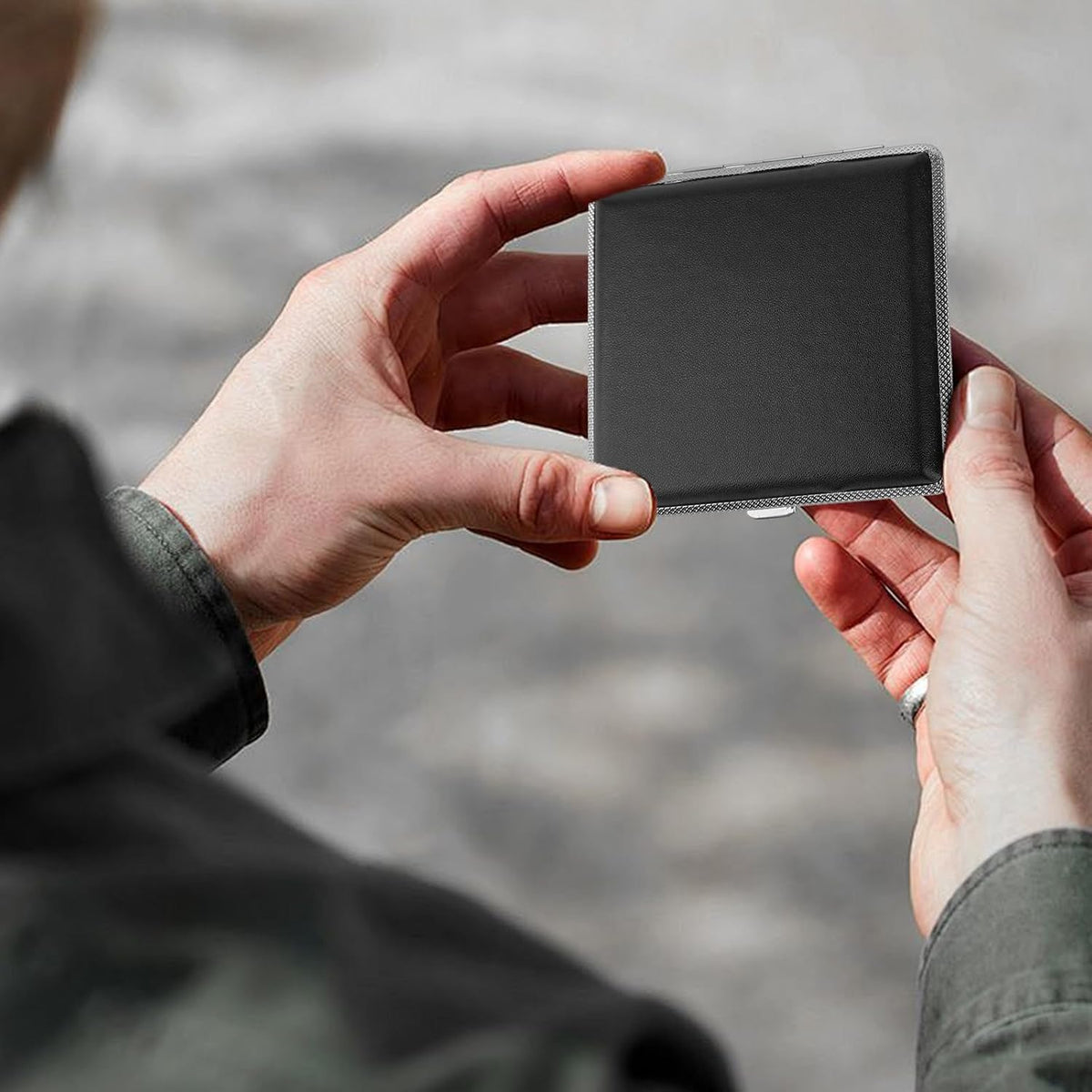 ZUFECY Leather Cigarette Case, Thin Metal Cigarette Case, 20 Capacity for Regular, Elastic Strap Cigarette Case for Smokers, 84mm Regular Size (Black)