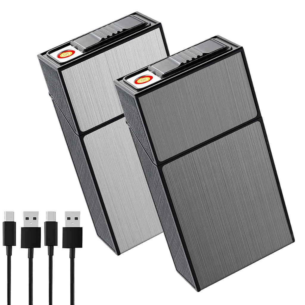 Cigarette Case with Lighter for 100mm King Size, Rechargeable Windproof Set of 2,Electric Coil Lighter, Gift Package (Silver+ Black, 100mm)