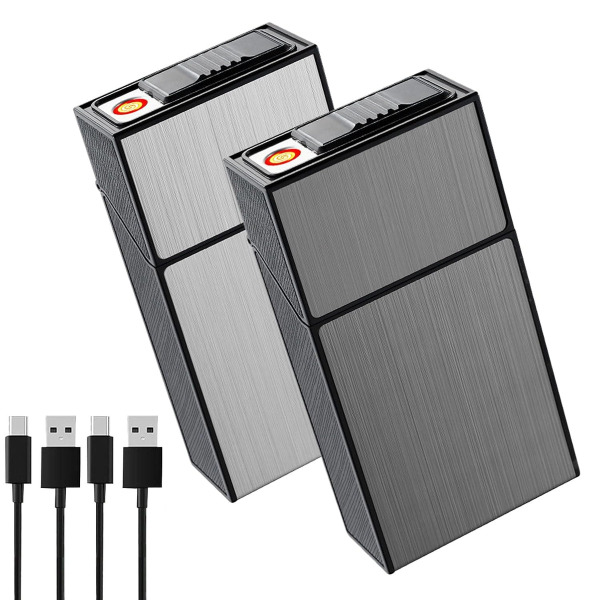 Cigarette Case with Lighter for 100mm King Size, Rechargeable Windproof Set of 2,Electric Coil Lighter, Gift Package (Silver+ Black, 100mm)