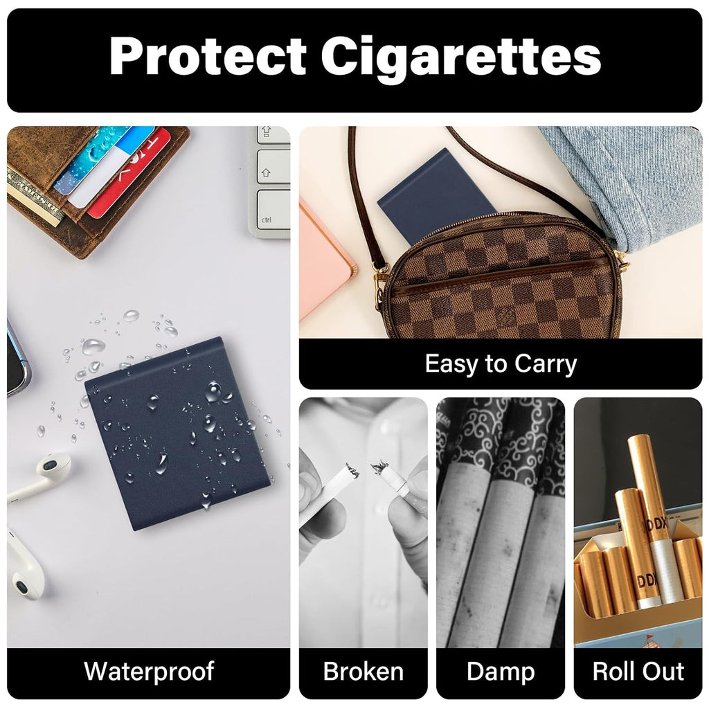 Portable Slim Leather Cigarette Case with Magnetic, Metal Cigarette Carrying Box for Hold 10 Regular Size Cigarettes, Ultra-Thin One-Hand Operate Cigarette Pocket for Men and Women -Navy Blue