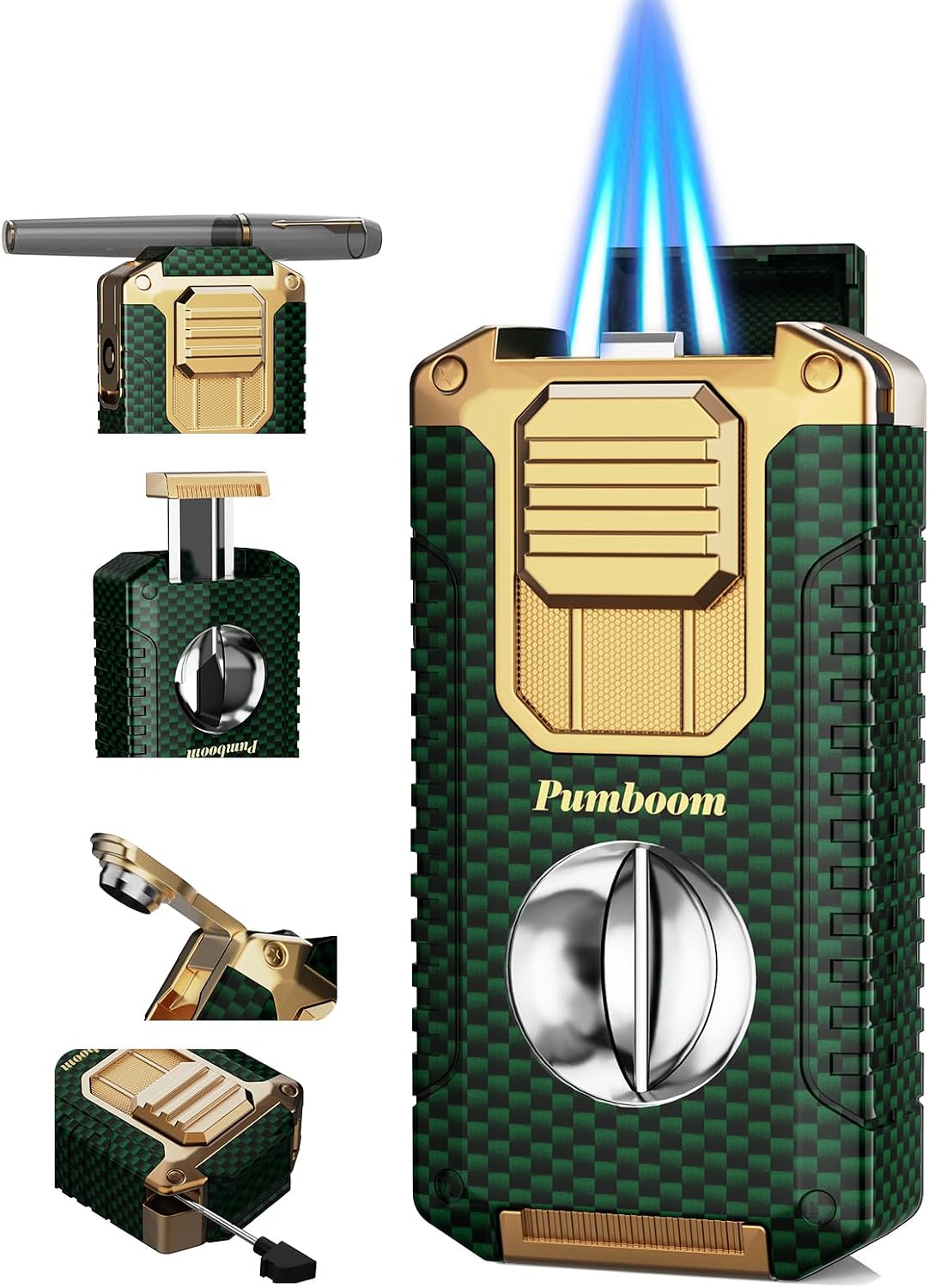 All-in-one Torch Lighter with V-Shape Shear, Punch, Needle, Holder and Triple Jet Flames, Butane Windproof Lighter for Candles, Outdoor, Versatile Accessories with Gift Box for Men (Without Butane)