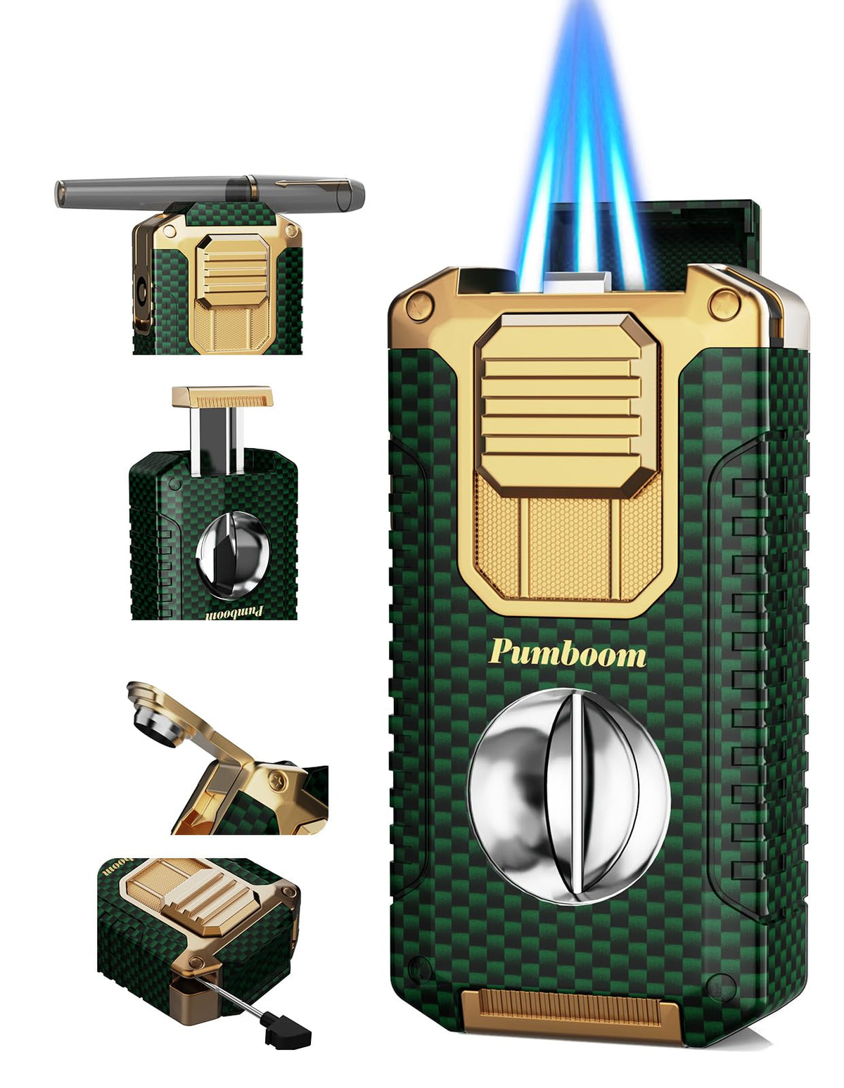 All-in-one Torch Lighter with V-Shape Shear, Punch, Needle, Holder and Triple Jet Flames, Butane Windproof Lighter for Candles, Outdoor, Versatile Accessories with Gift Box for Men (Without Butane)