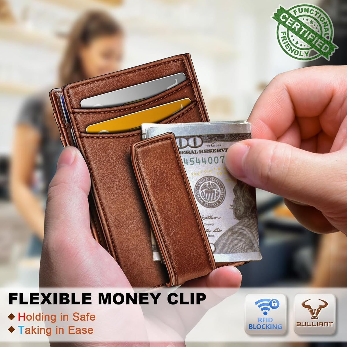 BULLIANT Magnetic Slim Leather Pocket Wallet Money Clip For Men 12Cards