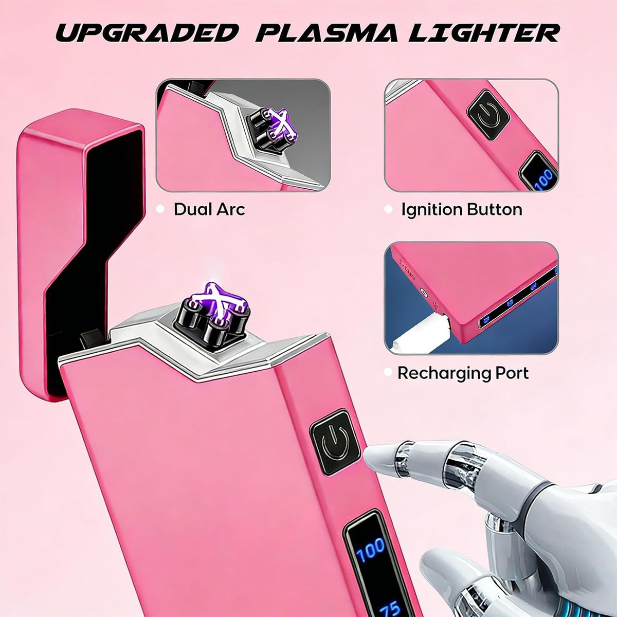 Electric Pink Lighter Dual Arc Plasma Lighter, Windproof Flameless Cool Electronic Lighters, Rechargeable USB with LED Battery Indication, Pocket Metal Lighters for Candles, Camping, Gifts for Unisex
