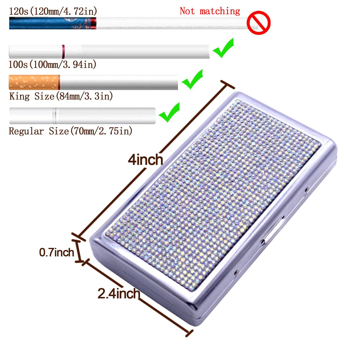 HUMWE Bling Rhinestone Crystal Cigarette Case for Women Men, Metal Holder for Regular,King and 100's Size 14-20 Capacity, Pocket Cigarettes Box for Smoker