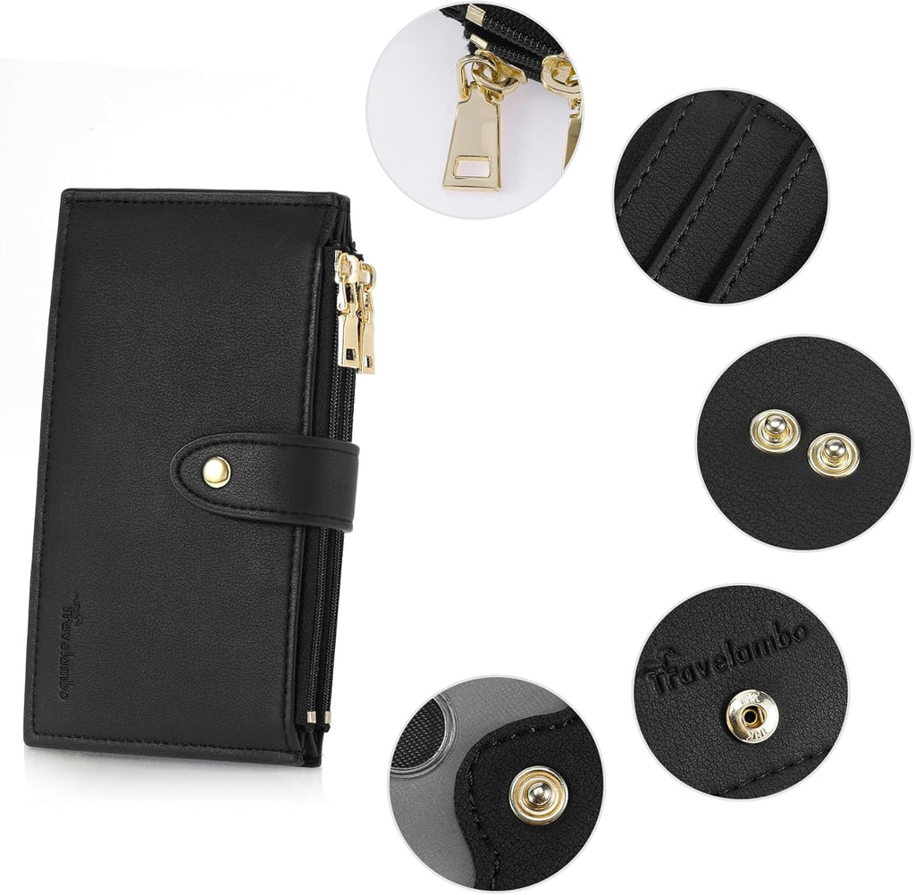 Travelambo Womens Leather Bifold Wallet, Slim RFID Blocking Card Holder