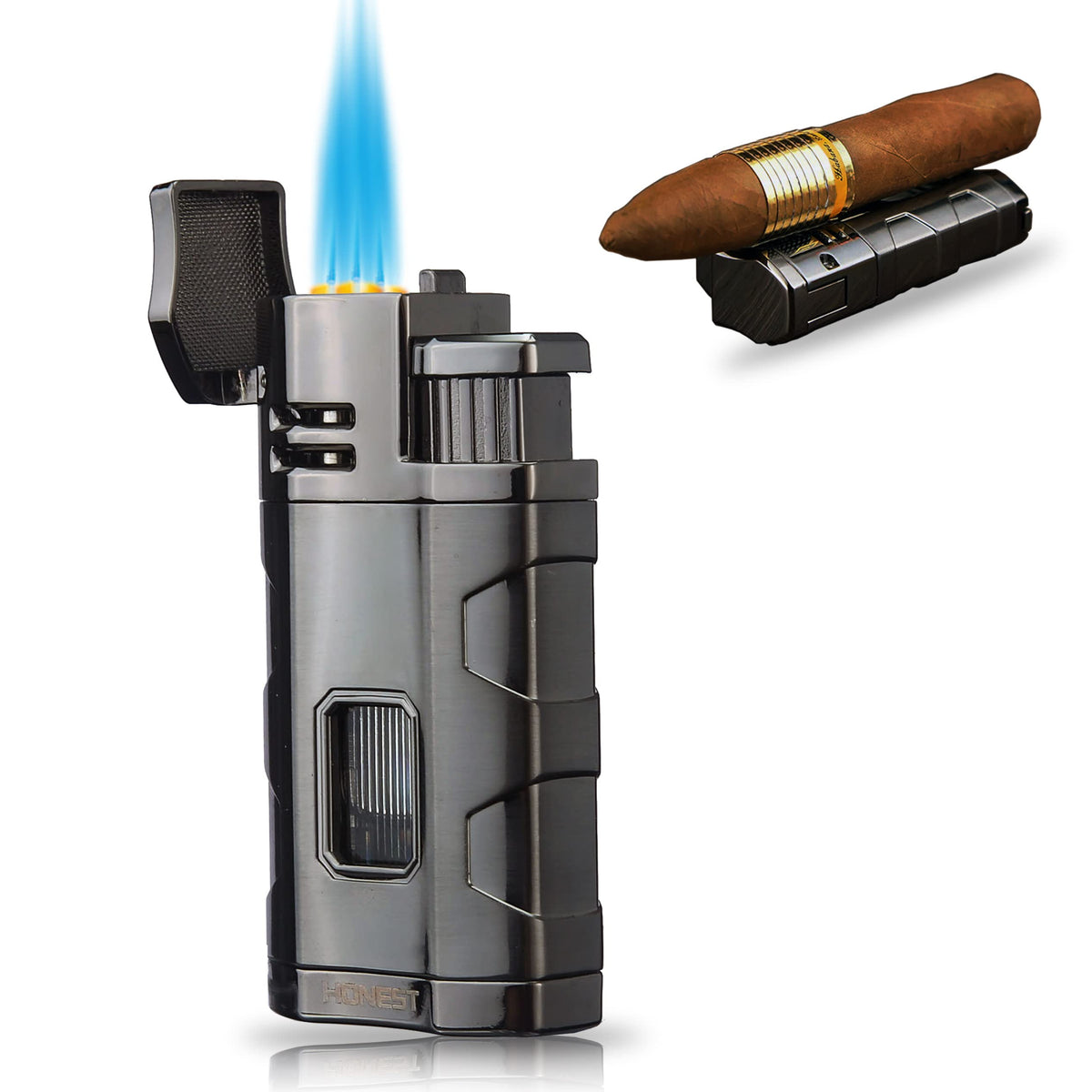 Metal Lighter Triple Jet Flame Refillable Butane Cigar Lighters Windproof Lighter with Cigar Punch Rest Holder - Butane Not Included (Red Copper)