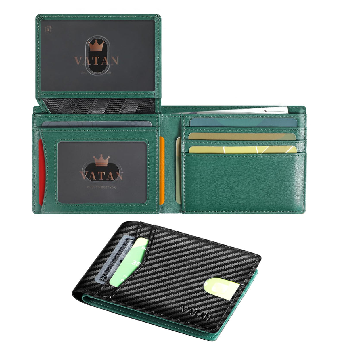 VATAN Wallet for Men Slim RFID Blocking Leather Credit Card Holder Wallet for 15 Cards, Bifold Minimalist Thin Wallet with 2 ID Windows & Cash Slot, With Gift Box (Carbon Fiber Black)
