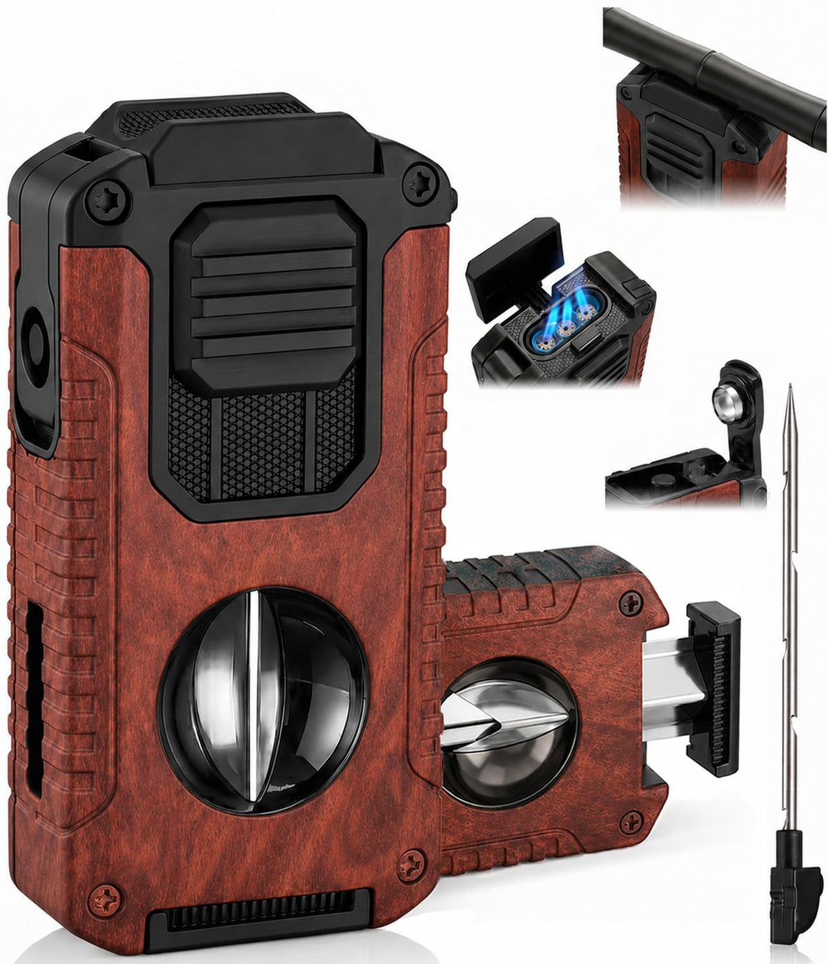 5-in-1 Butane Torch Lighter, with Built-in Punch, V Cutter, Draw Enhancer Needle & Holder, Visible Fuel Window, Windproof Triple Jet Flame Refillable Pocket Lighter for Travel Outdoor, Gifts for Men