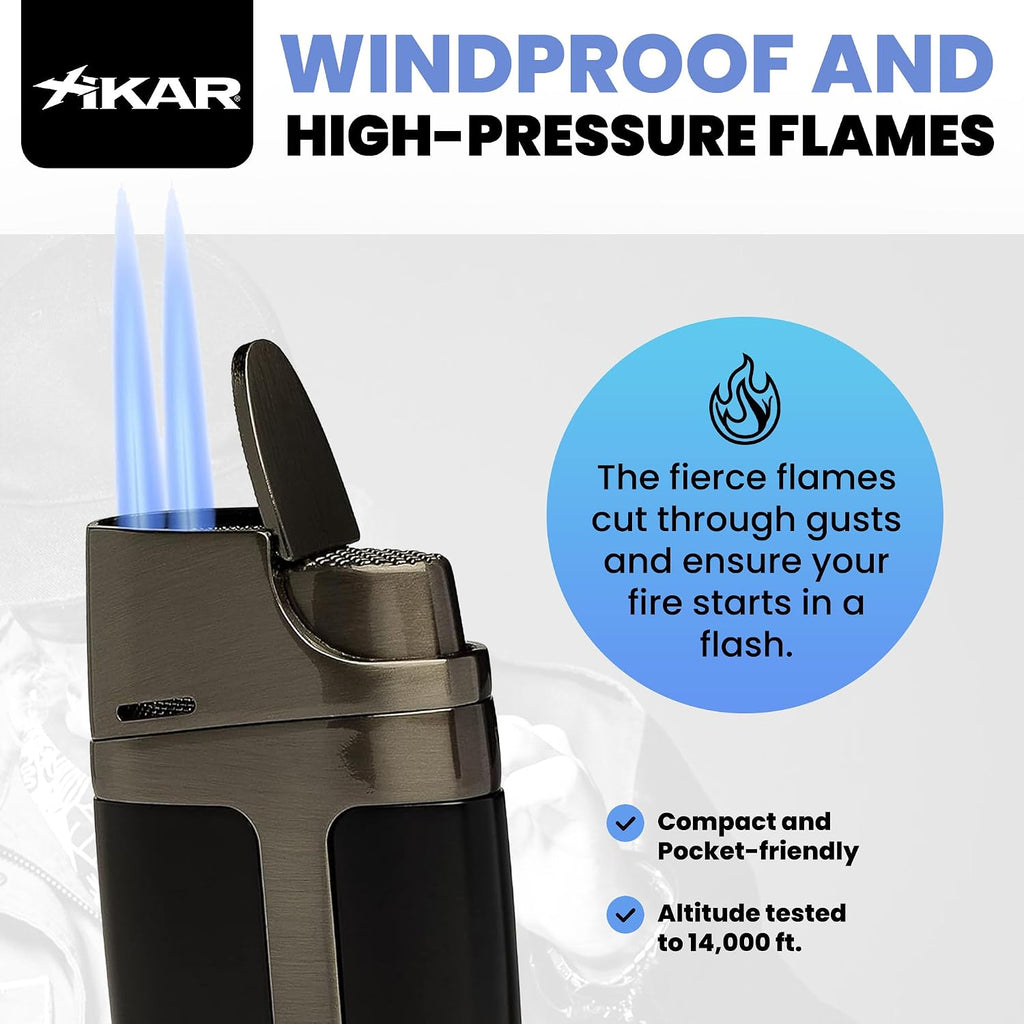 XIKAR ELX Double Jet Flame Butane Torch Lighter with 9mm Cigar Punch – Refillable Butane Lighter with Fuel Window – Wind-Resistant Adjustable Flame – Premium Cigar Accessory – Black with Gunmetal