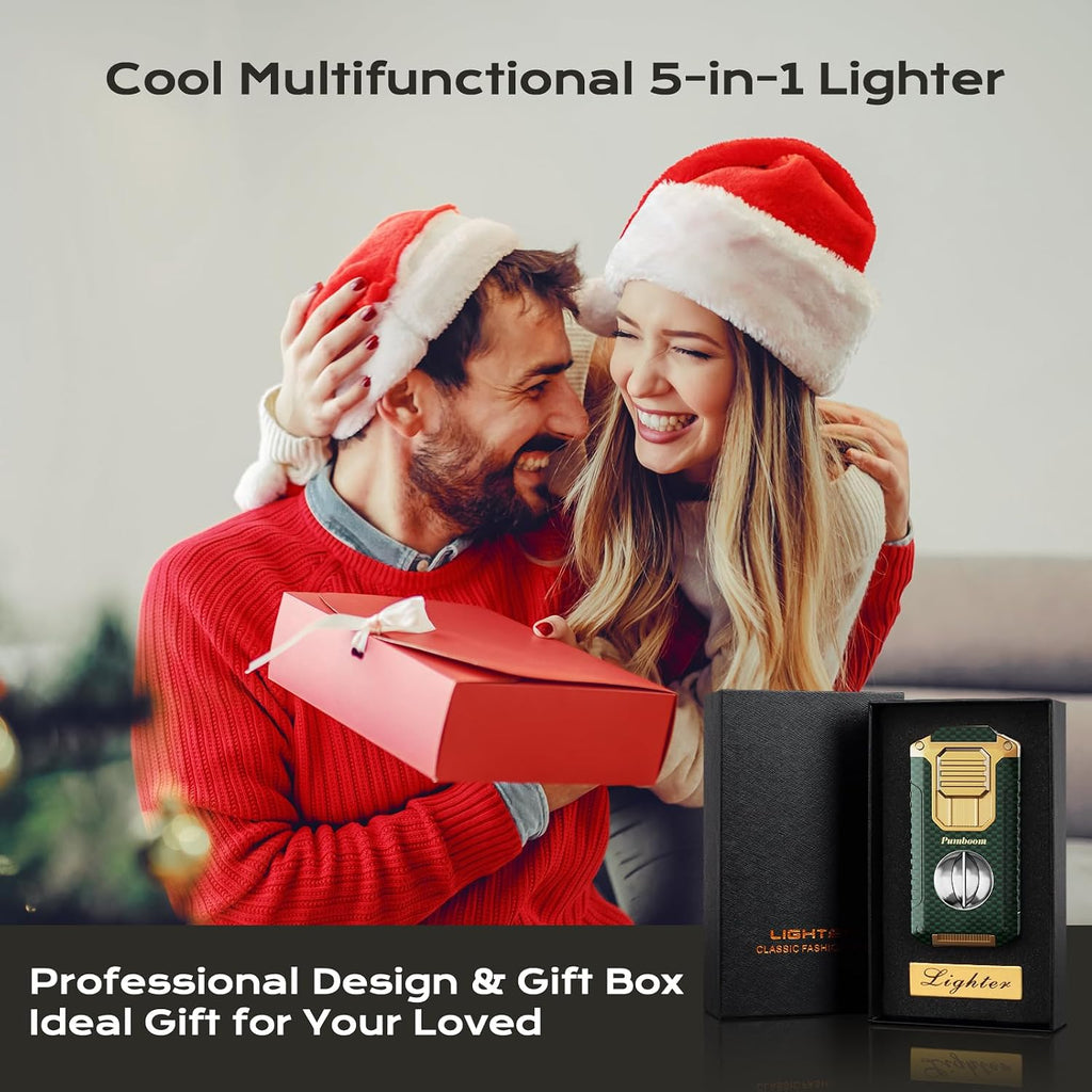 All-in-one Torch Lighter with V-Shape Shear, Punch, Needle, Holder and Triple Jet Flames, Butane Windproof Lighter for Candles, Outdoor, Versatile Accessories with Gift Box for Men (Without Butane)